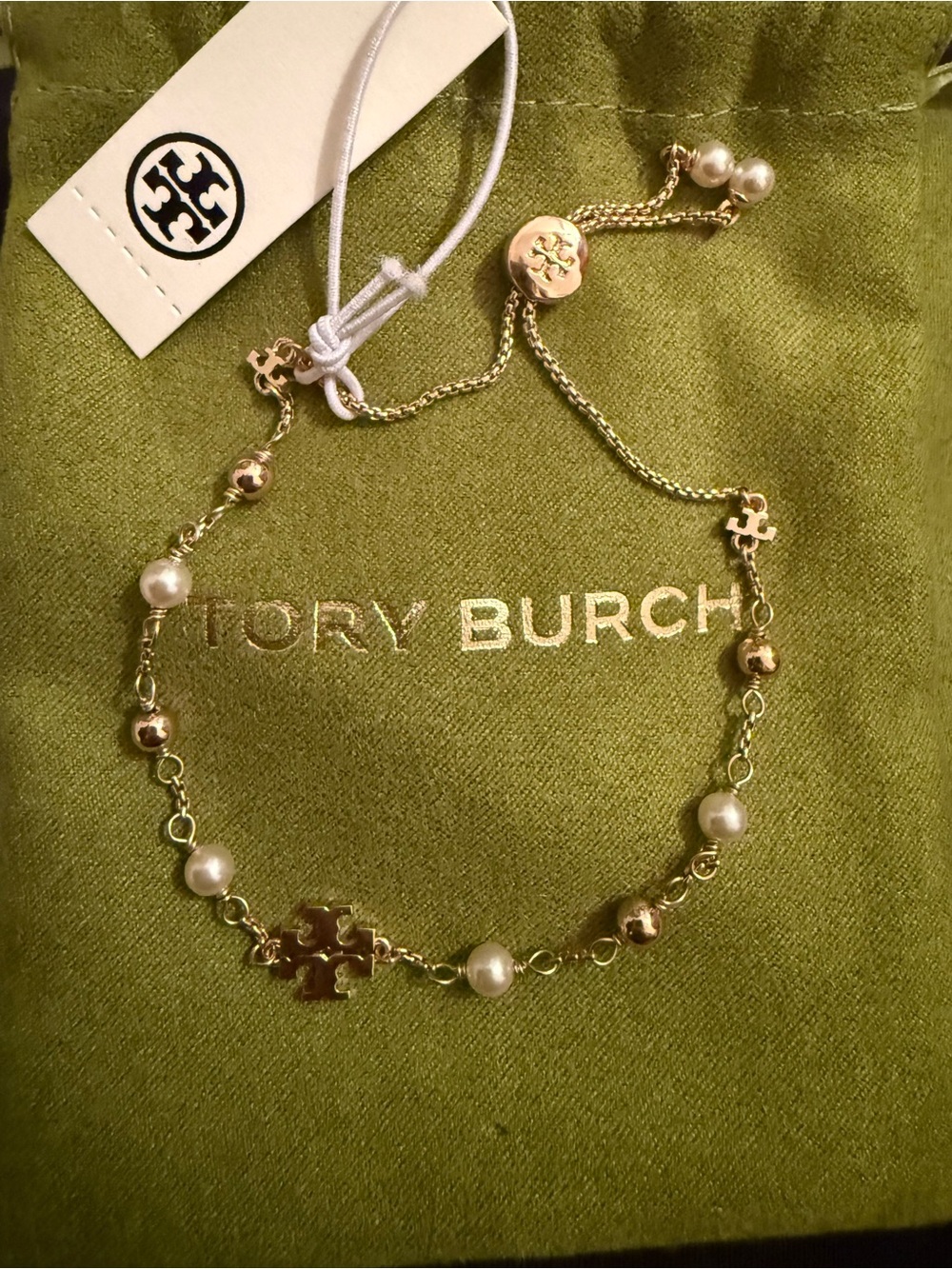 Tory Burch Gold Pearl Logo Station Necklace